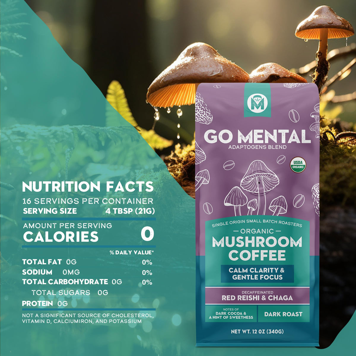 GO MENTAL Organic Mushroom Decaf Coffee – Swiss Water, Red Reishi & Chaga (12oz)
