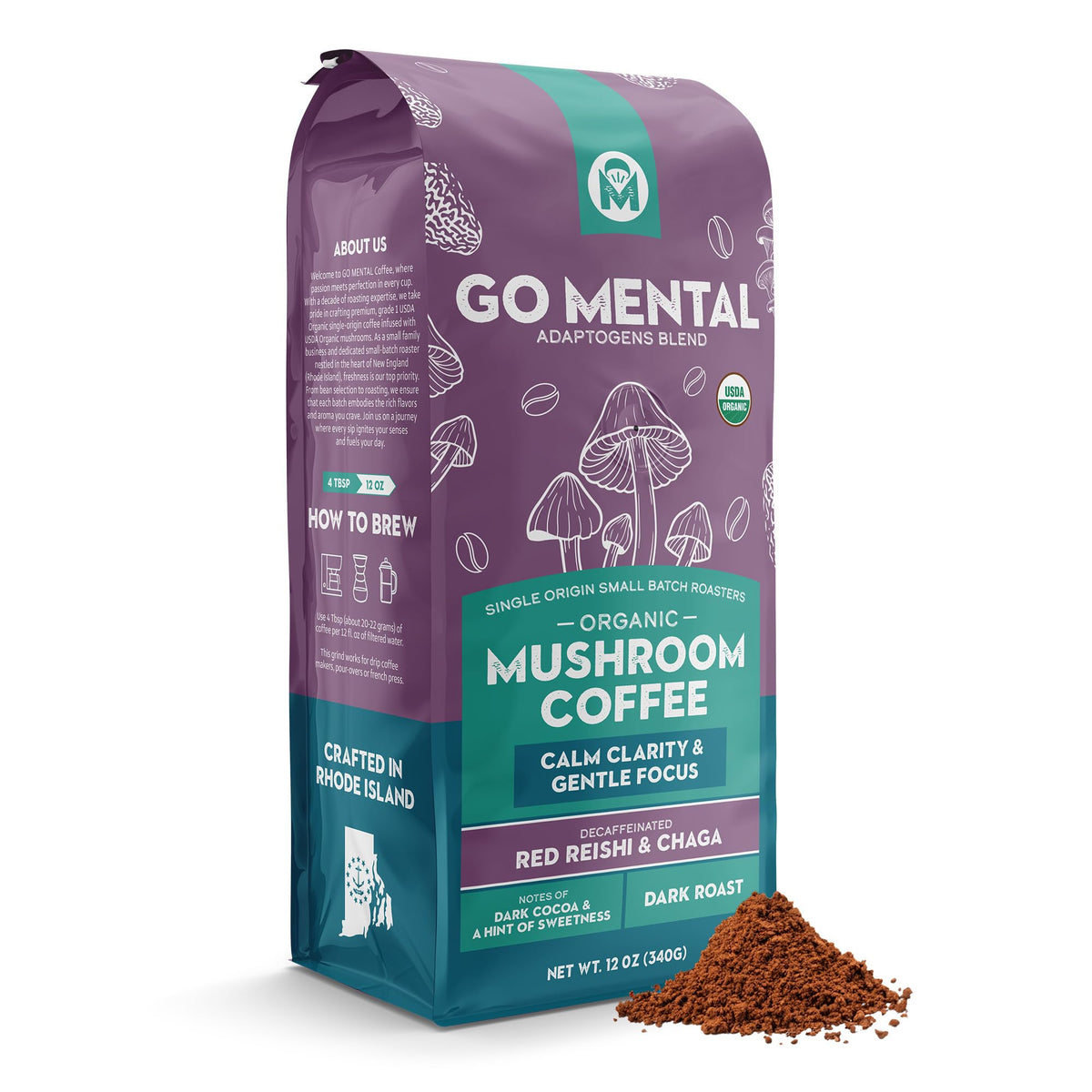 GO MENTAL Organic Mushroom Decaf Coffee – Swiss Water, Red Reishi & Chaga (12oz)