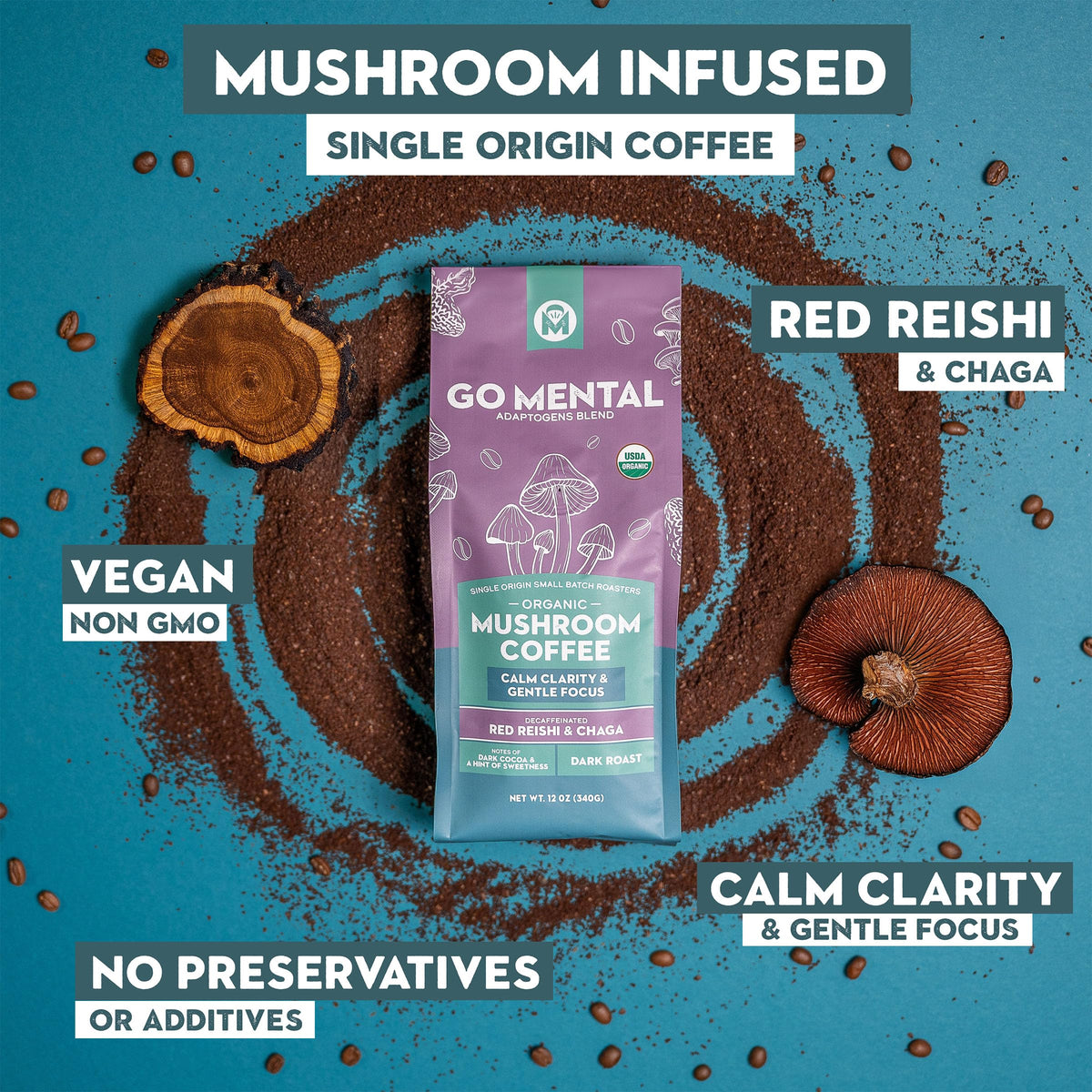 GO MENTAL Organic Mushroom Decaf Coffee – Swiss Water, Red Reishi & Chaga (12oz)