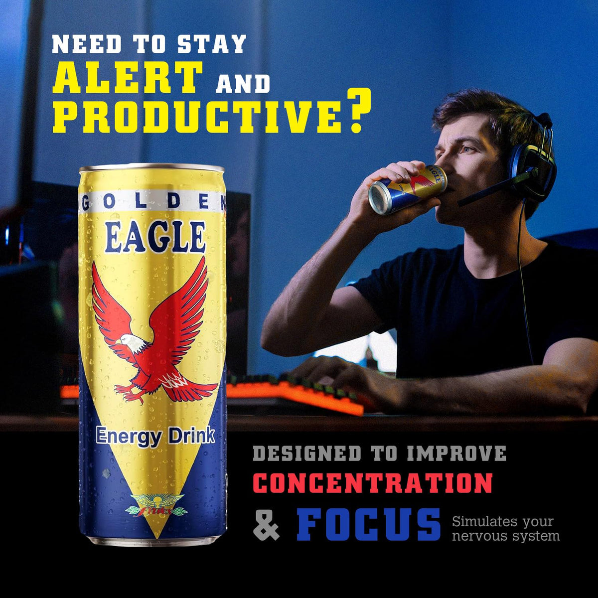 Golden Eagle Energy Drink – Real Sugar, Enhanced Energy & Focus (24-Pack, 8.4 fl oz Cans) – Made in Kosovo