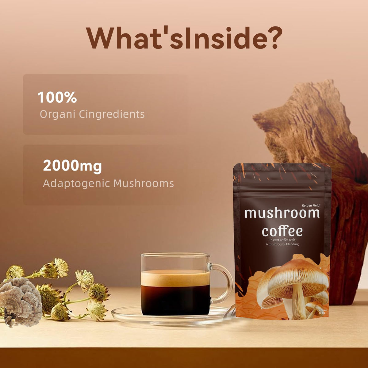 Golden Field Mushroom Coffee: 6 Adaptogenic Mushrooms, USDA Organic, 30 Servings