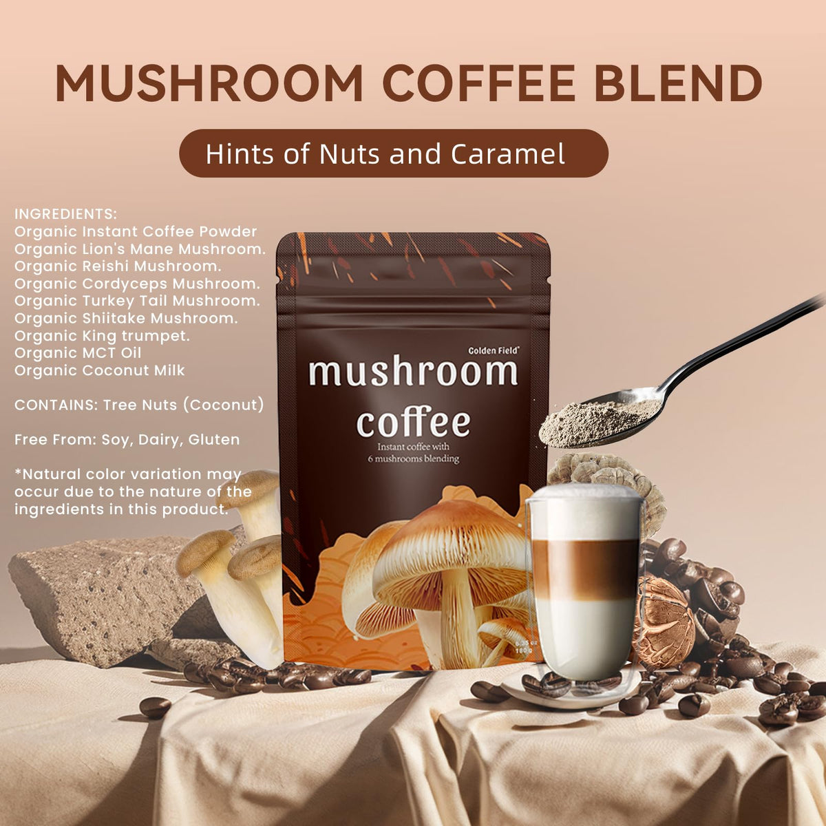 Golden Field Mushroom Coffee: 6 Adaptogenic Mushrooms, USDA Organic, 30 Servings
