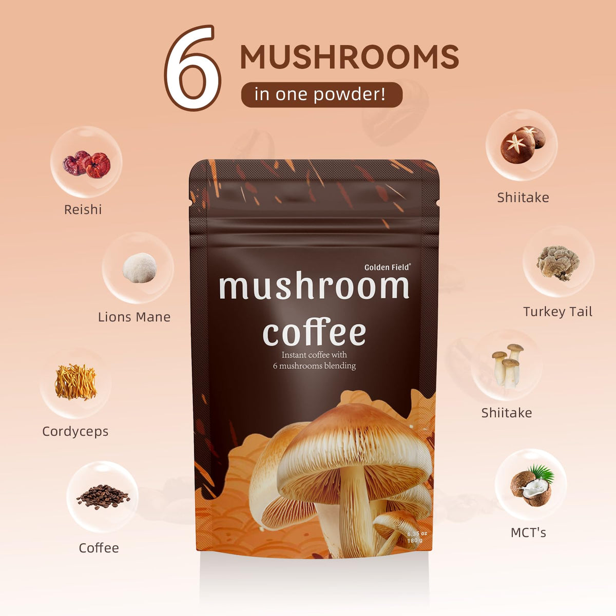Golden Field Mushroom Coffee: 6 Adaptogenic Mushrooms, USDA Organic, 30 Servings