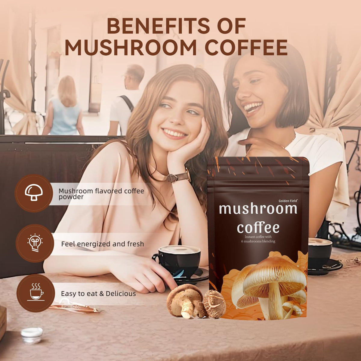 Golden Field Mushroom Coffee: 6 Adaptogenic Mushrooms, USDA Organic, 30 Servings