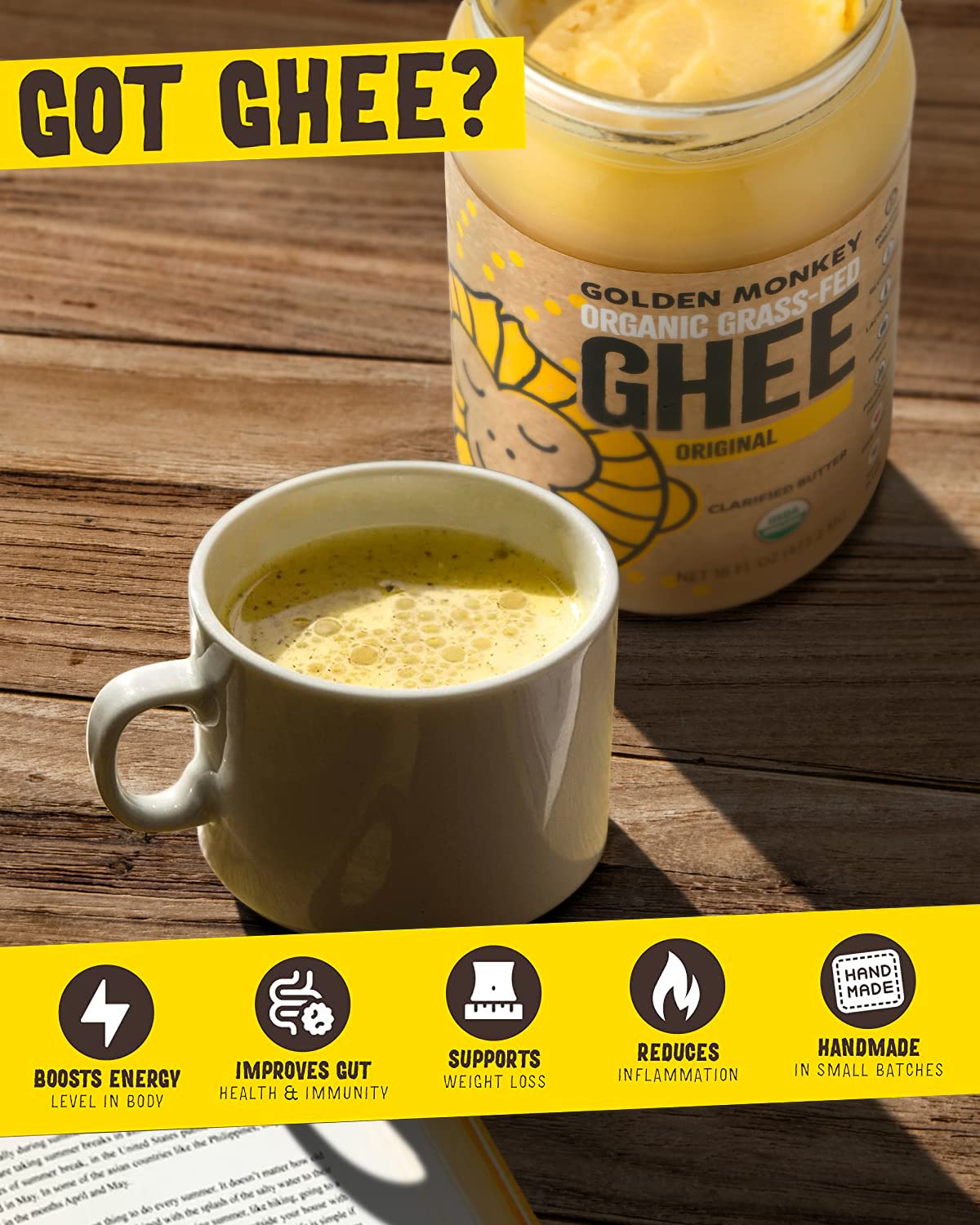 GOLDEN MONKEY Organic Ghee Butter – Grass-Fed Clarified Butter for Cooking, Keto & Gut Health (16 oz)