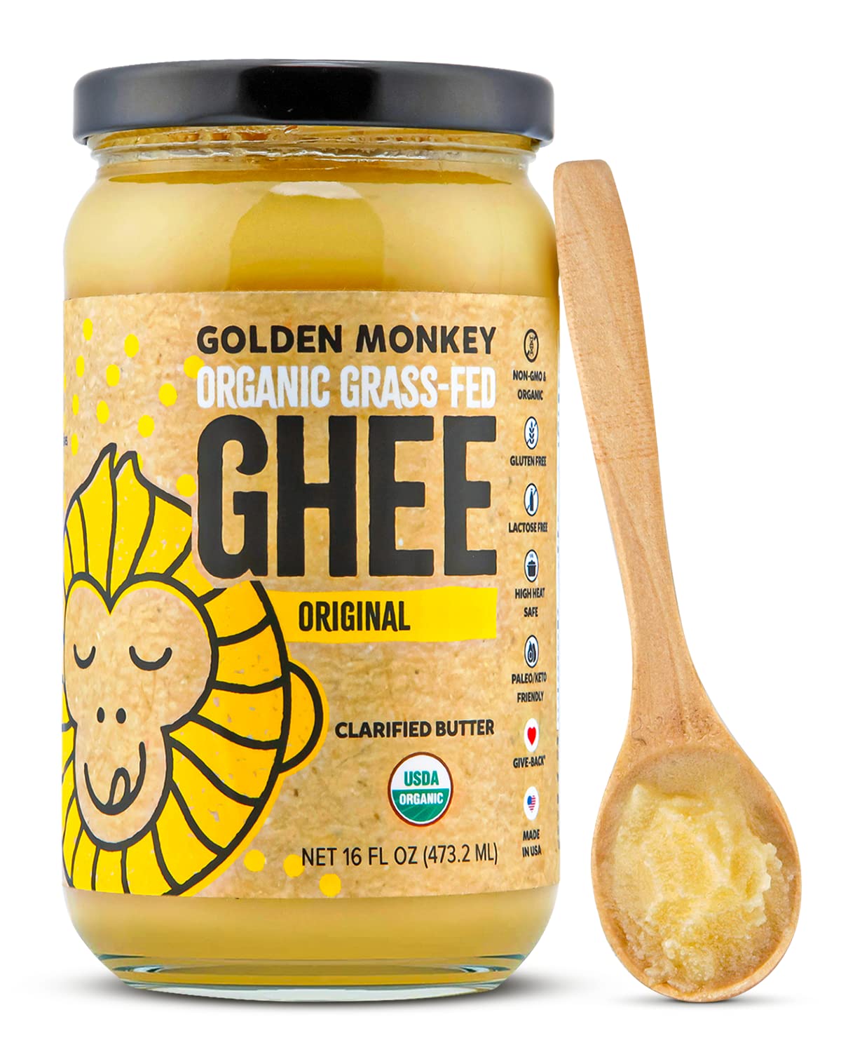 GOLDEN MONKEY Organic Ghee Butter – Grass-Fed Clarified Butter for Cooking, Keto & Gut Health (16 oz)