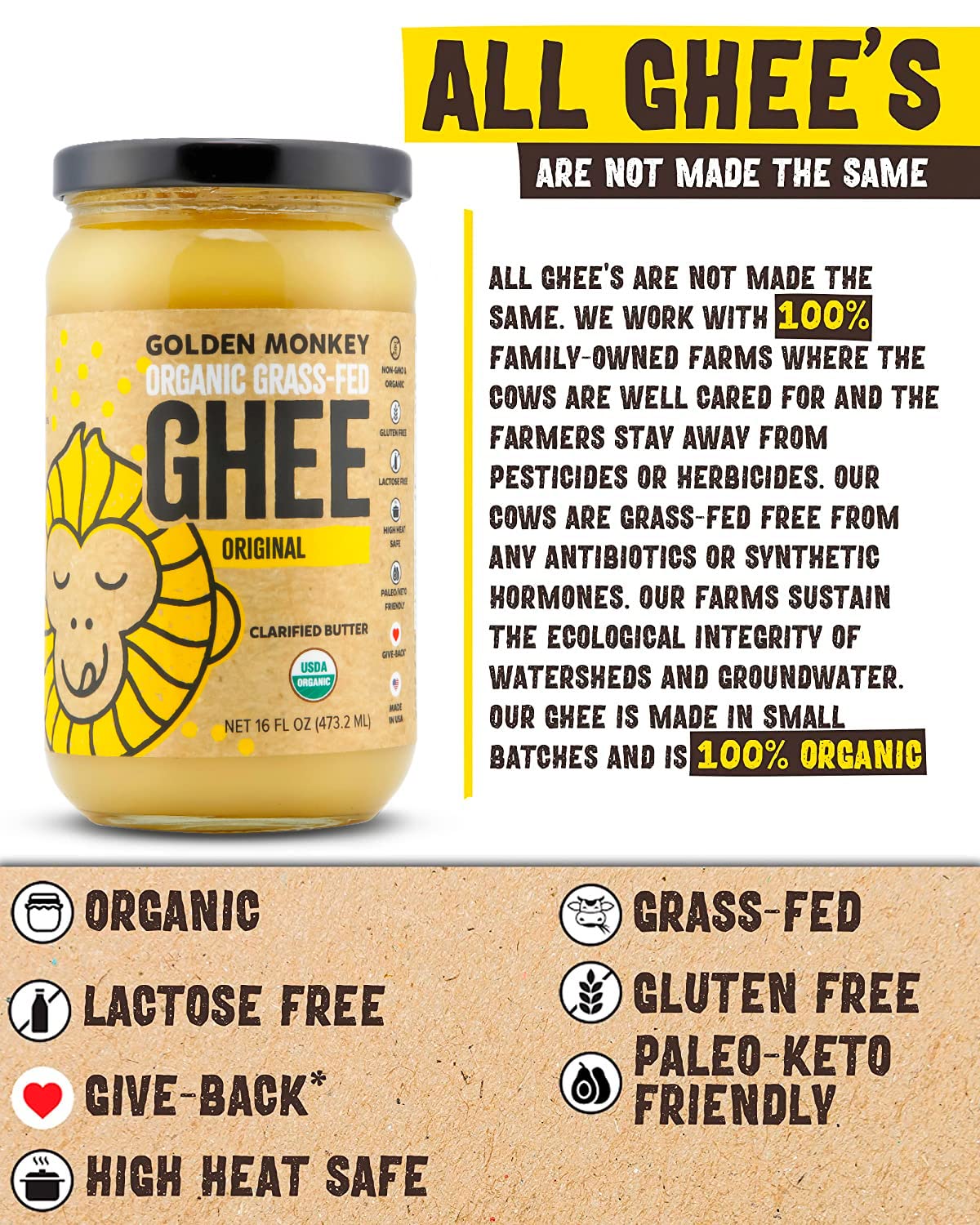GOLDEN MONKEY Organic Ghee Butter – Grass-Fed Clarified Butter for Cooking, Keto & Gut Health (16 oz)