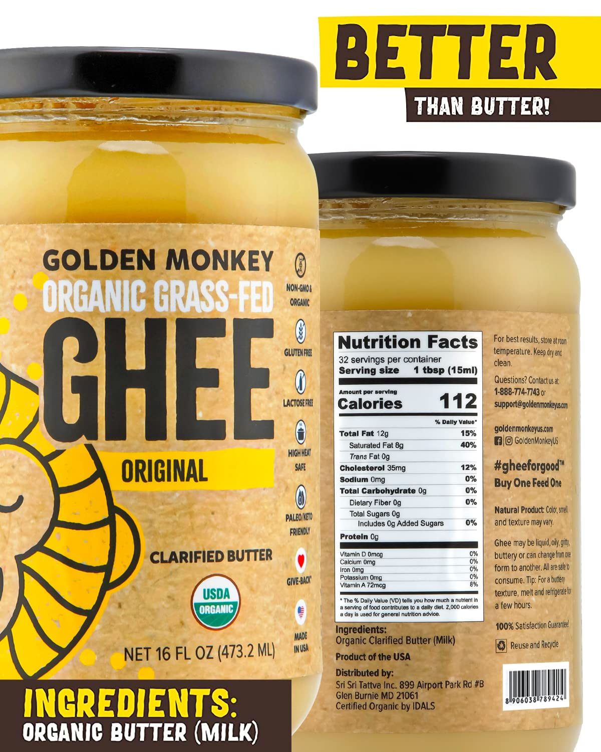 GOLDEN MONKEY Organic Ghee Butter – Grass-Fed Clarified Butter for Cooking, Keto & Gut Health (16 oz)