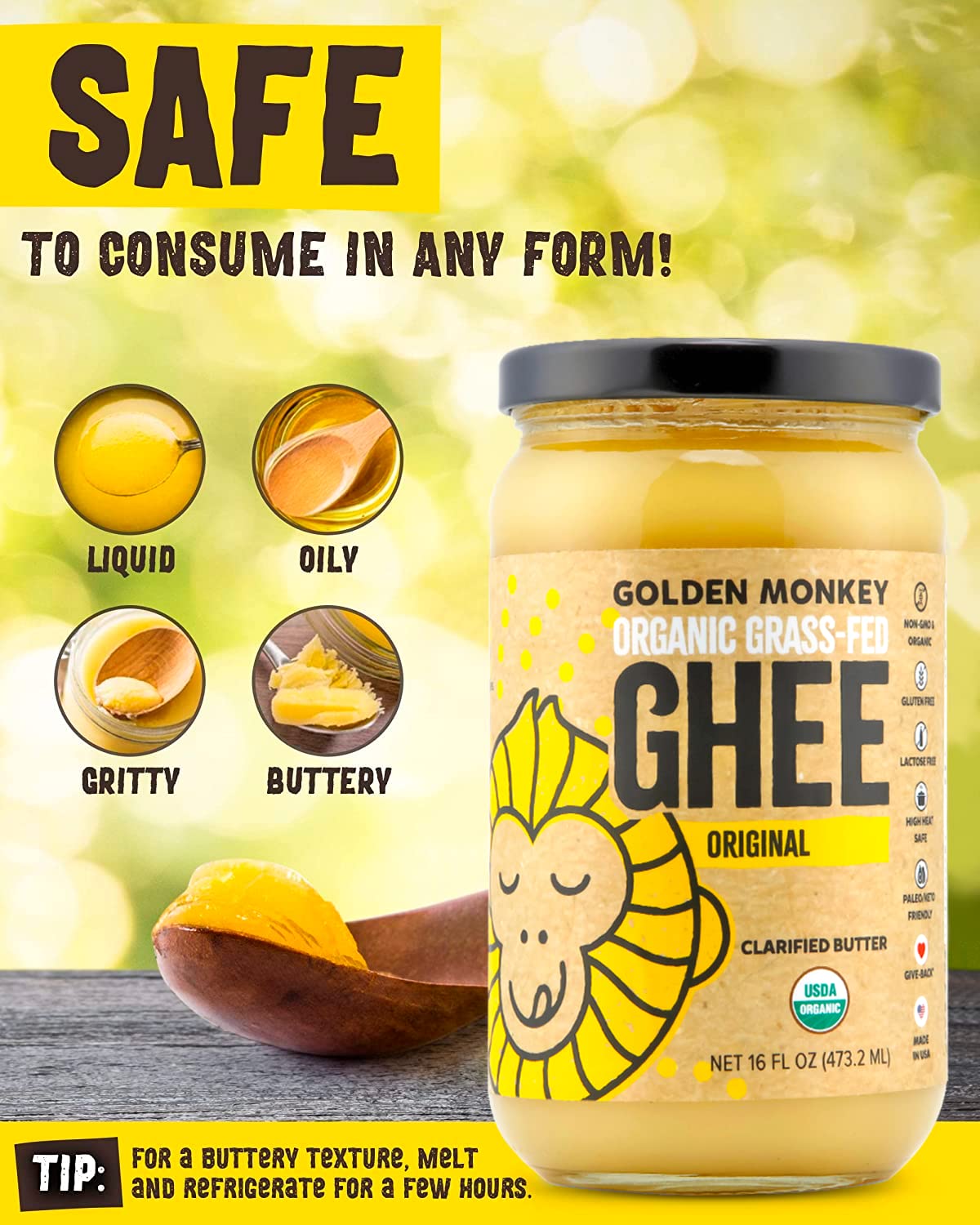 GOLDEN MONKEY Organic Ghee Butter – Grass-Fed Clarified Butter for Cooking, Keto & Gut Health (16 oz)