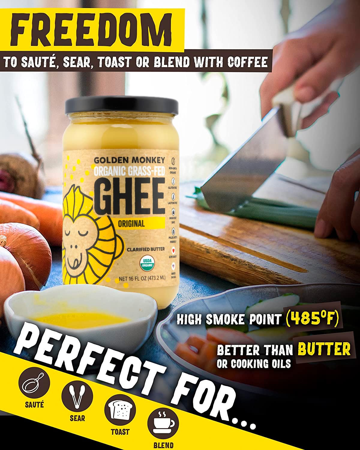 GOLDEN MONKEY Organic Ghee Butter – Grass-Fed Clarified Butter for Cooking, Keto & Gut Health (16 oz)