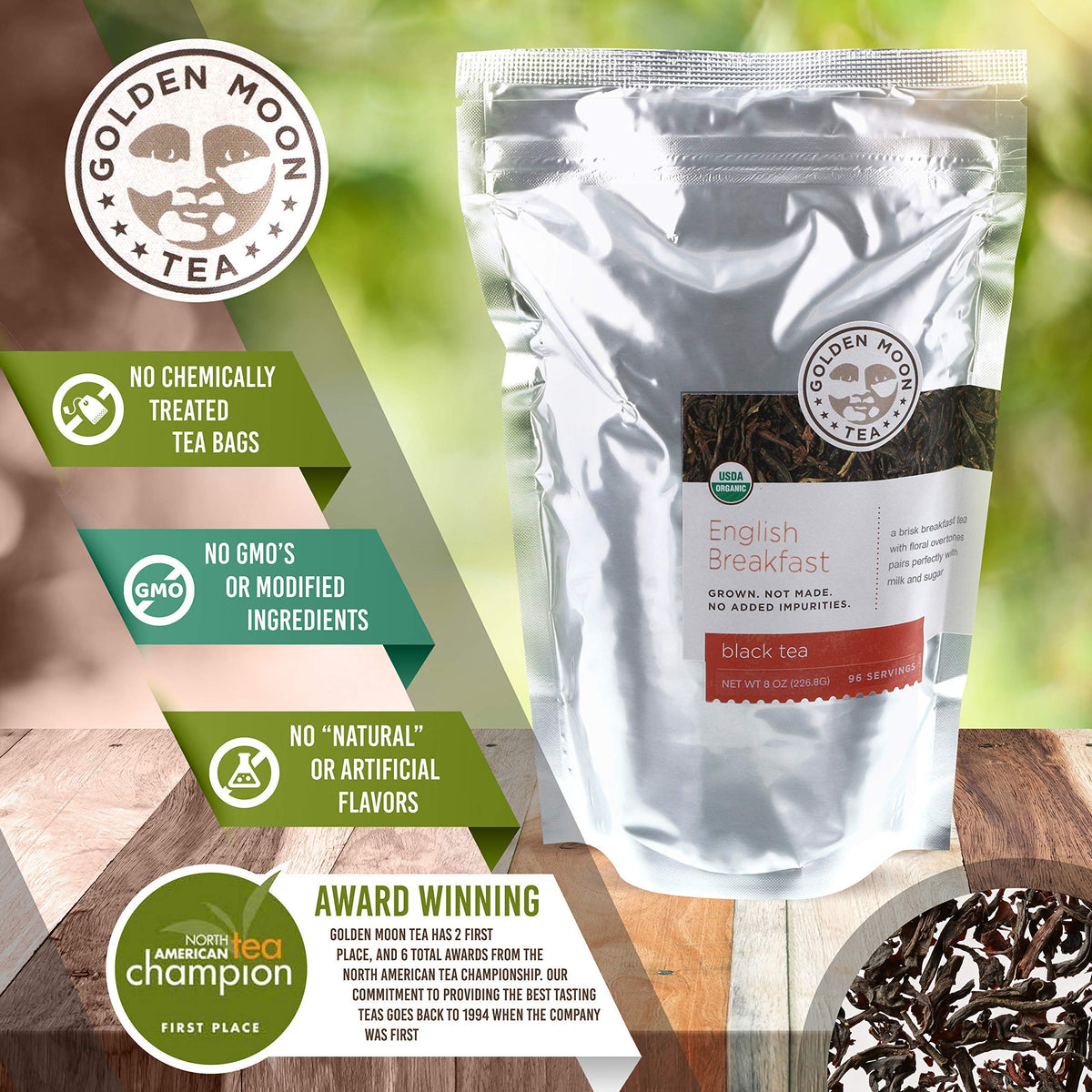 Golden Moon Tea Organic English Breakfast Black Tea – 4-Blend Loose Leaf, Non-GMO, 1 lb (192 Servings)