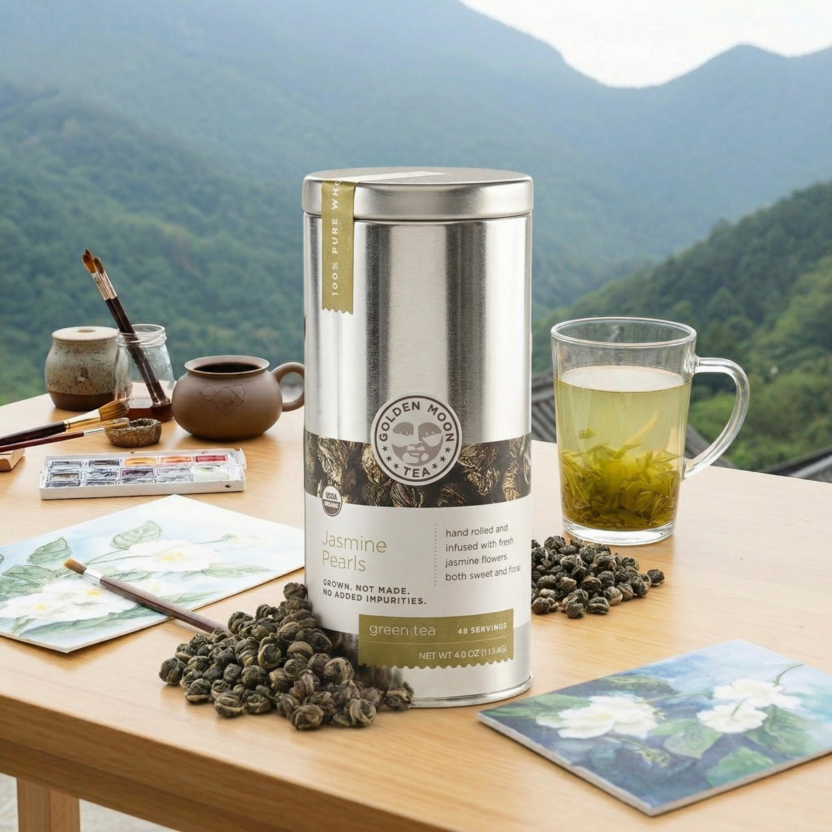 Golden Moon Tea Organic Jasmine Pearls Green Tea – Premium Jasmine Dragon Pearls, Non-GMO, Travel Tin
