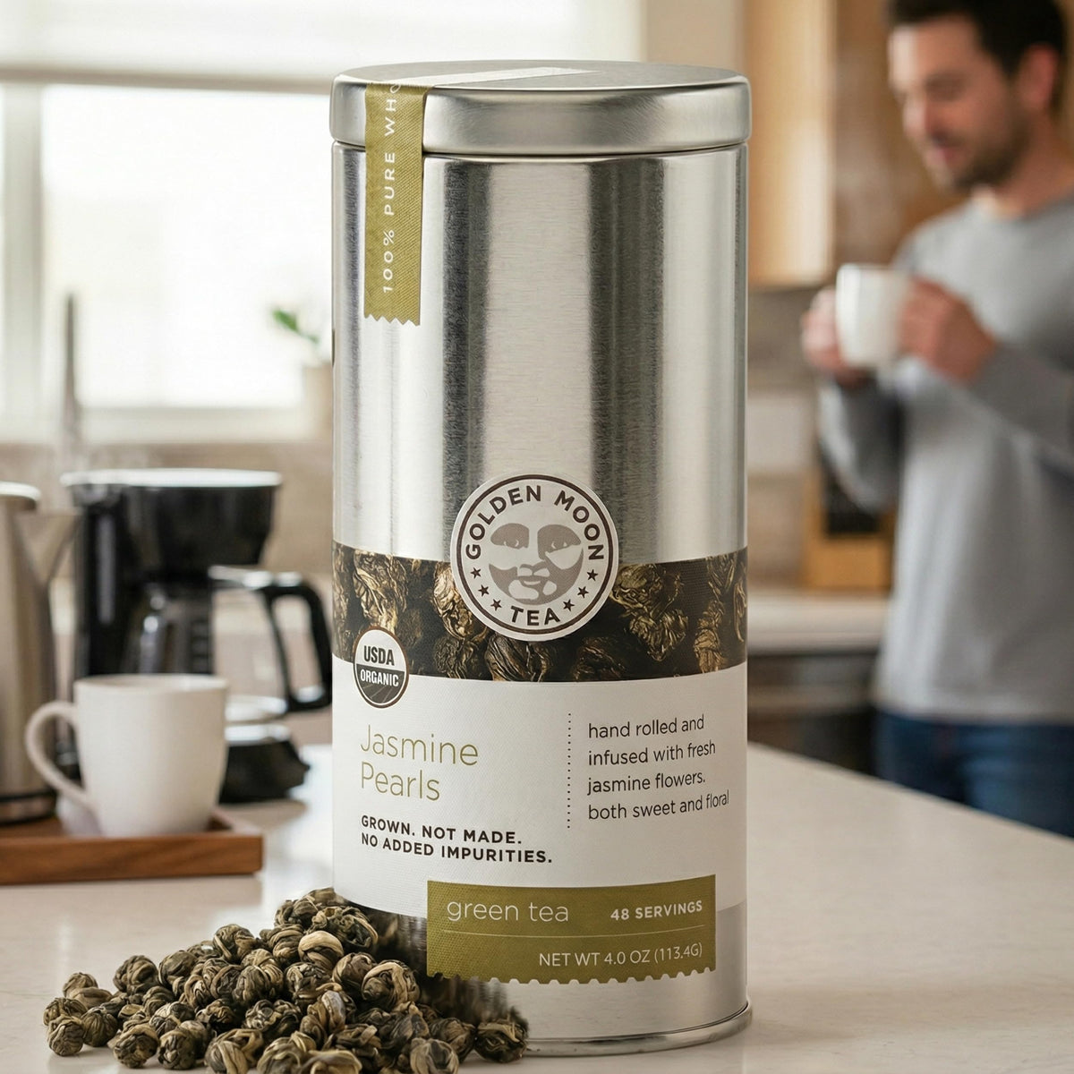 Golden Moon Tea Organic Jasmine Pearls Green Tea – Premium Jasmine Dragon Pearls, Non-GMO, Travel Tin