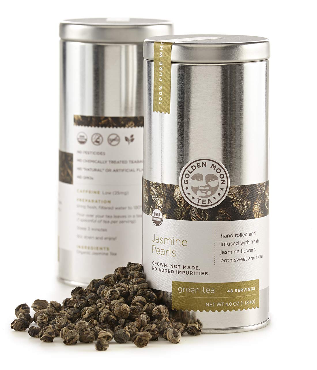 Golden Moon Tea Organic Jasmine Pearls Green Tea – Premium Jasmine Dragon Pearls, Non-GMO, Travel Tin