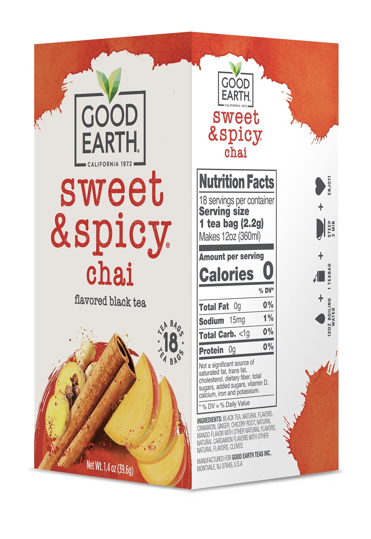 Good Earth Tea Co. Sweet & Spicy Chai Black Tea — 18 Tea Bags (Pack of 6)