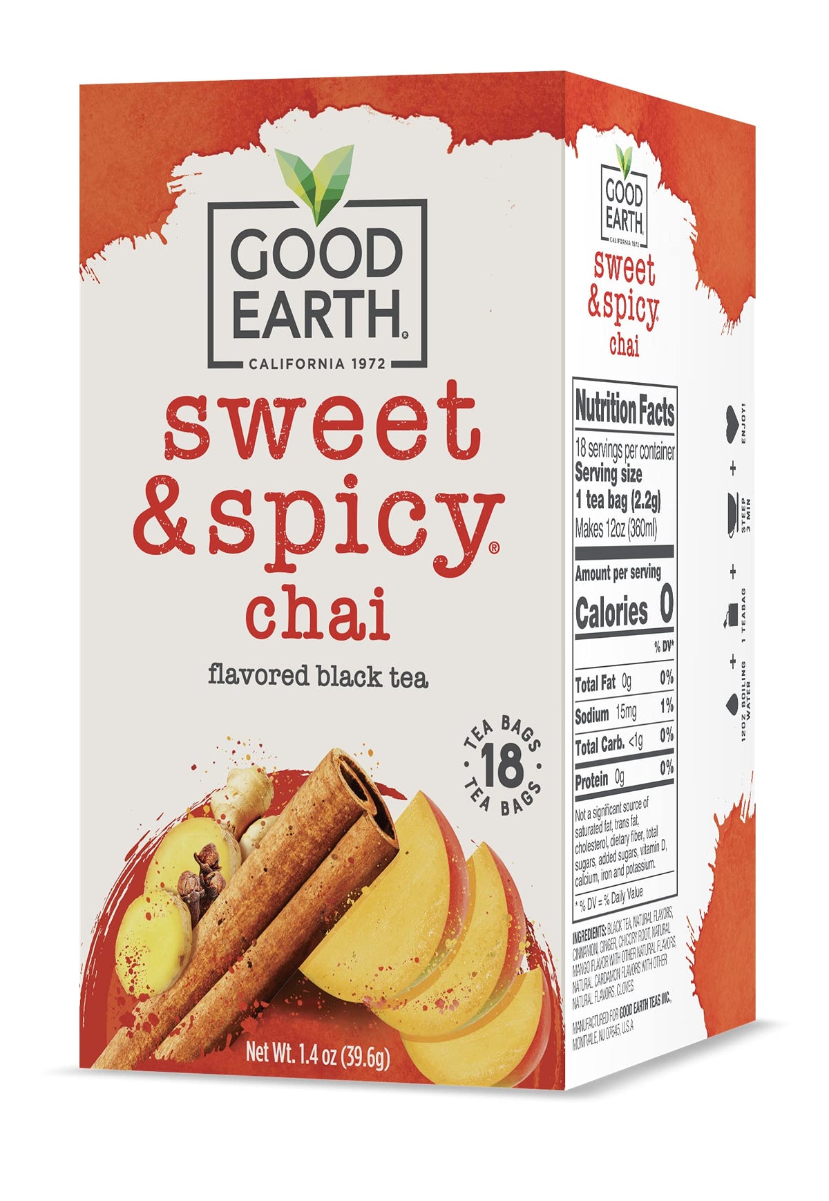 Good Earth Tea Co. Sweet & Spicy Chai Black Tea — 18 Tea Bags (Pack of 6)