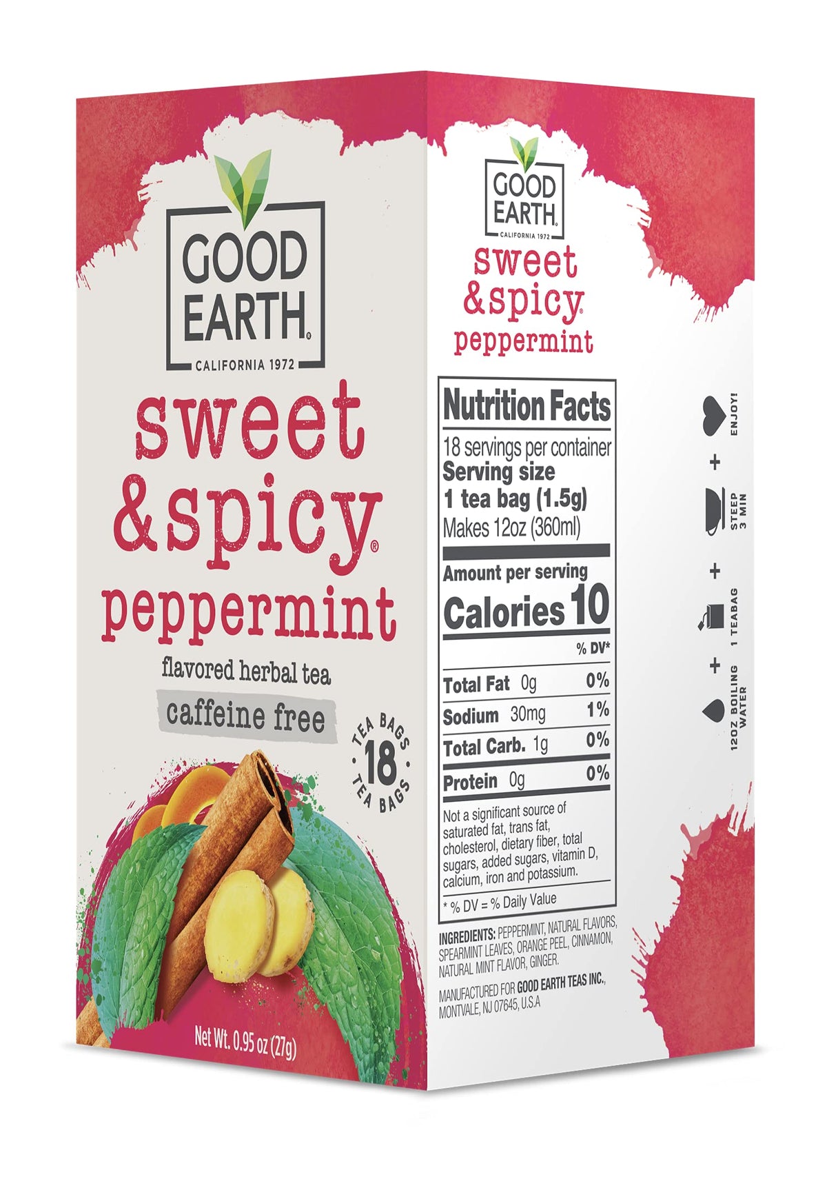 Good Earth Tea Co. Sweet & Spicy Peppermint Herbal Tea — Caffeine Free, 18 Tea Bags, Pack of 6