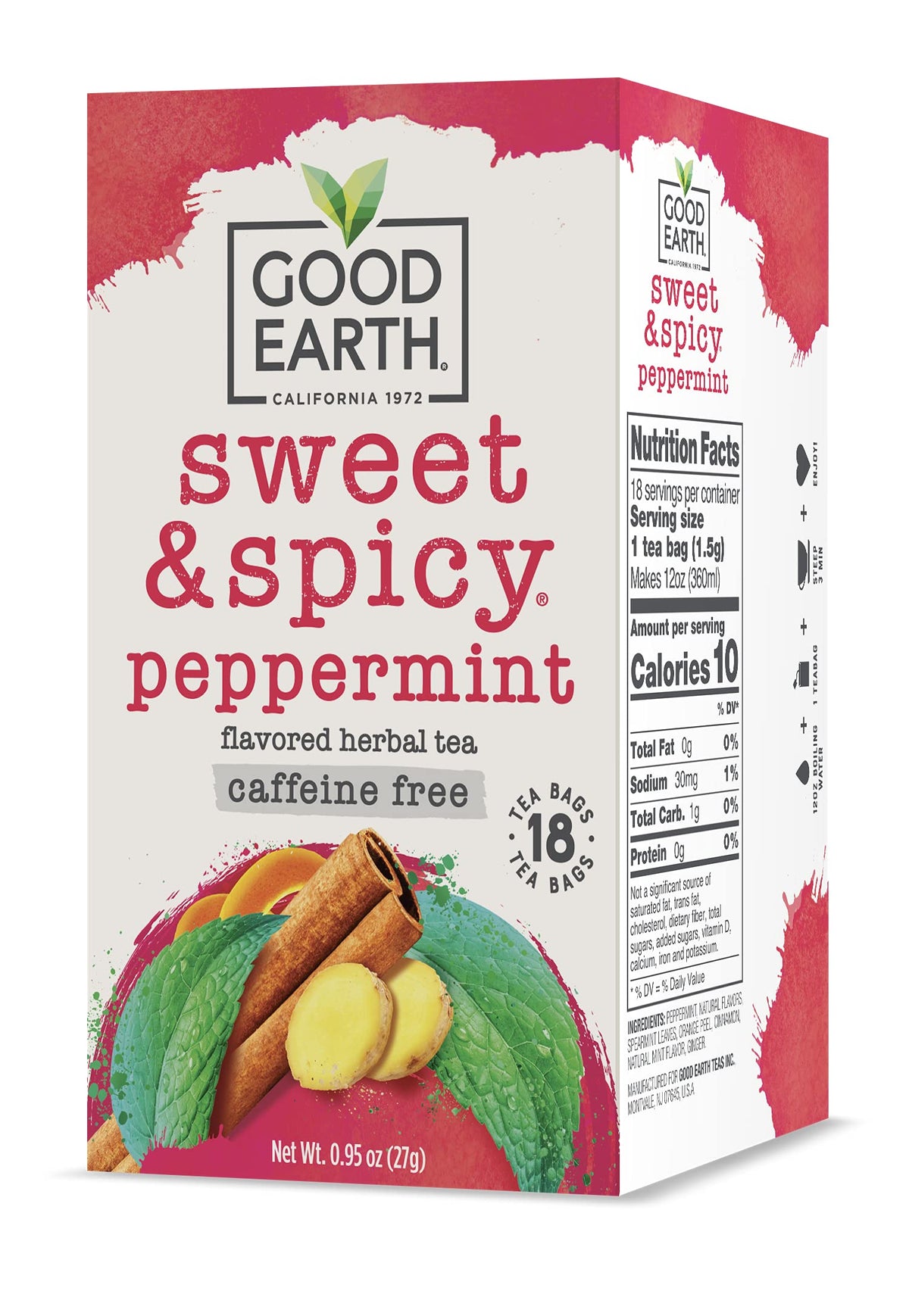 Good Earth Tea Co. Sweet & Spicy Peppermint Herbal Tea — Caffeine Free, 18 Tea Bags, Pack of 6