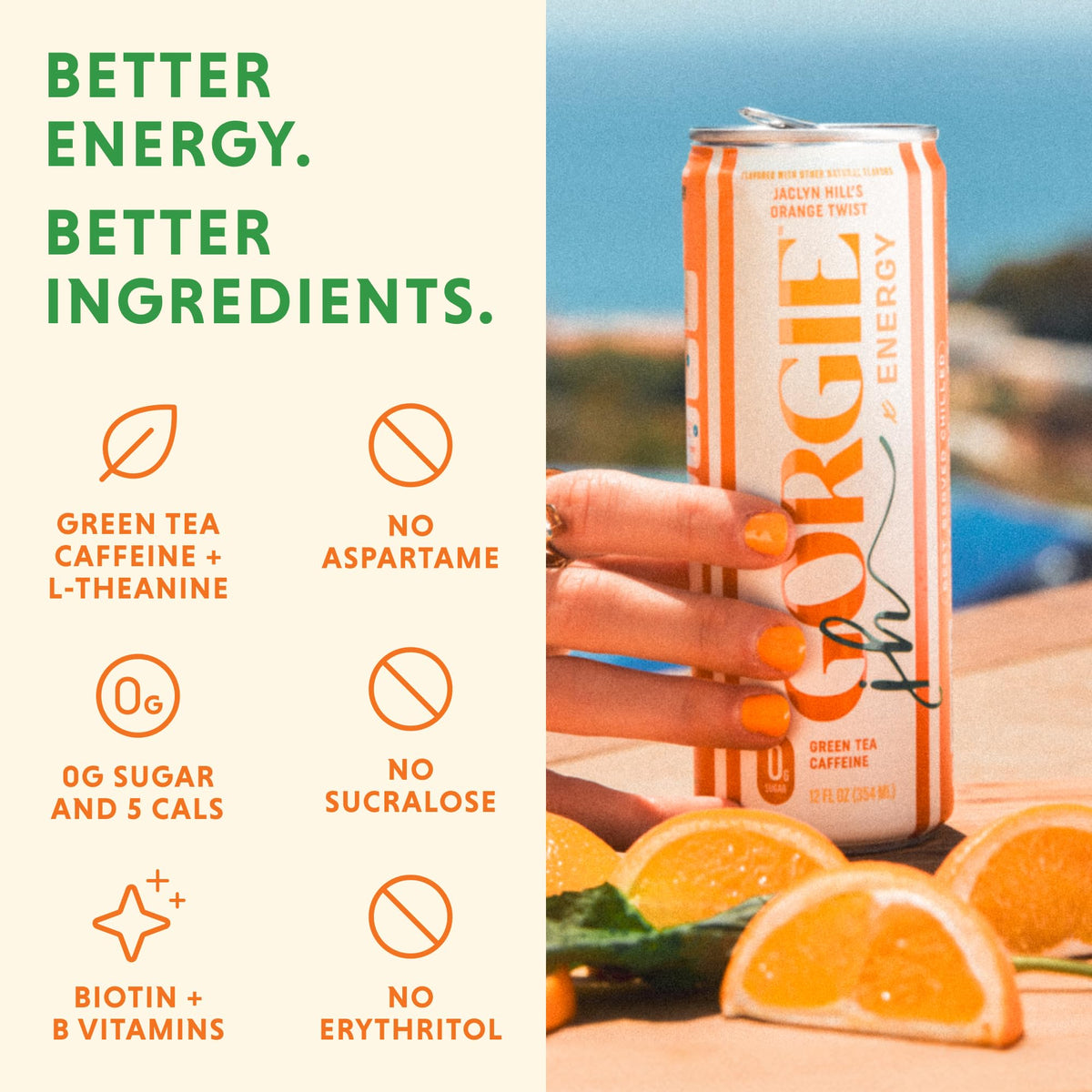 GORGIE Jaclyn Hill Orange Twist Sugar Free Natural Energy Drinks (12 Pack) | Low Calorie