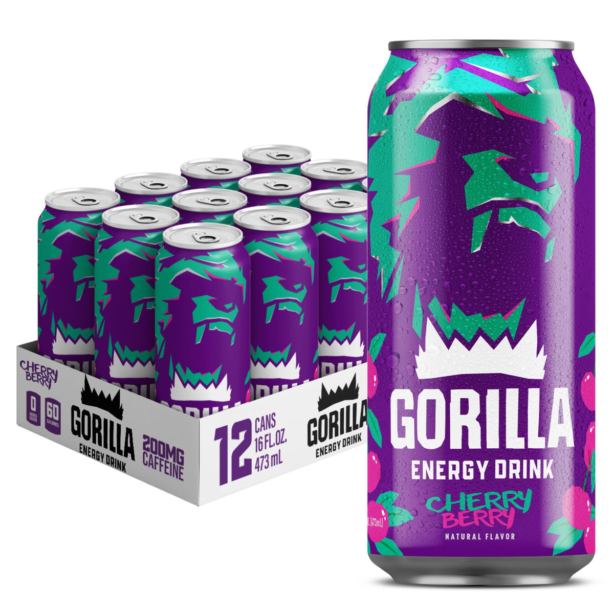 Gorilla Energy Cherry Berry – 200mg Natural Caffeine, Real Fruit Juice, No Added Sugar | 12 Pack