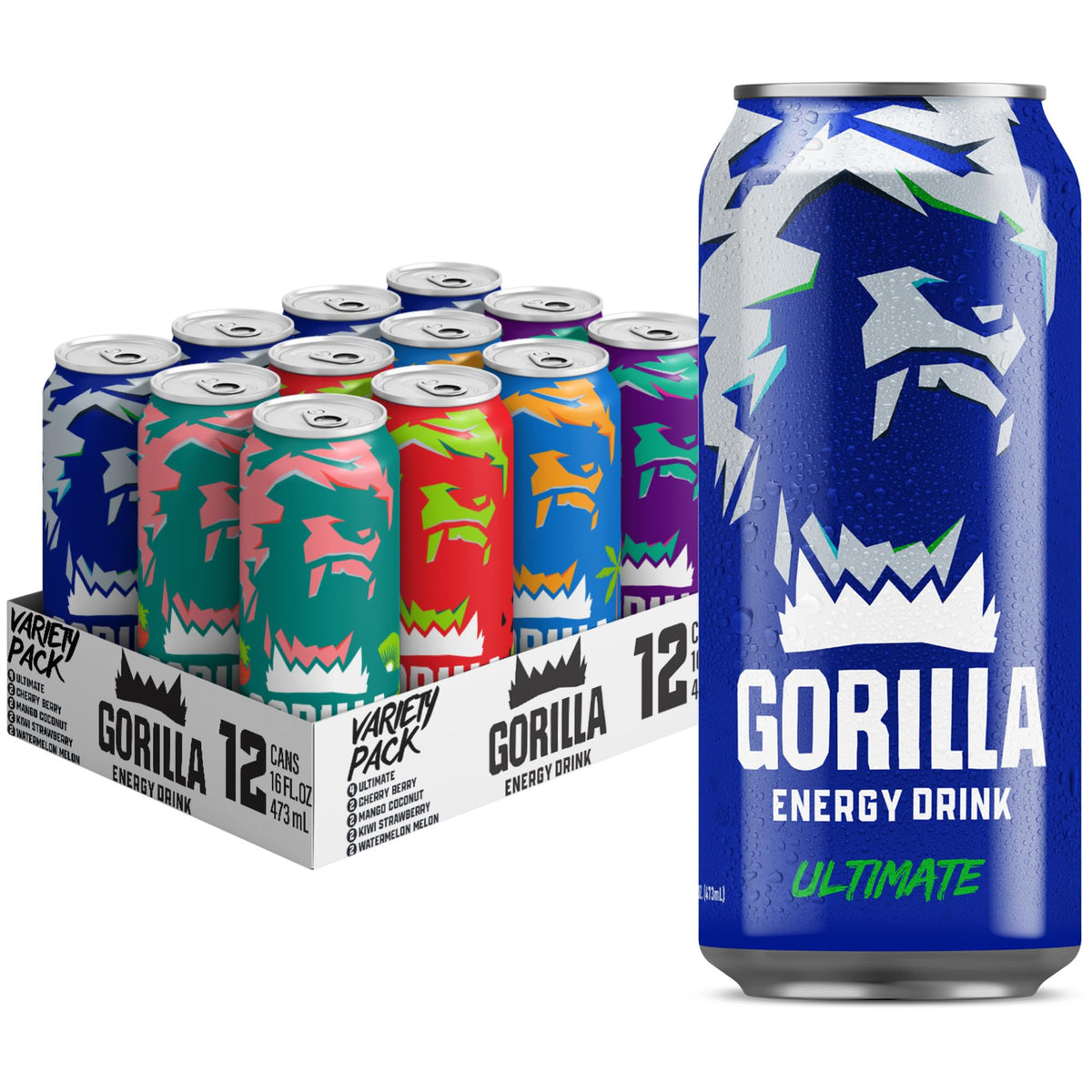 Gorilla Energy Drink Variety Pack – 200mg Natural Caffeine, Real Fruit Juice, 12 Pack