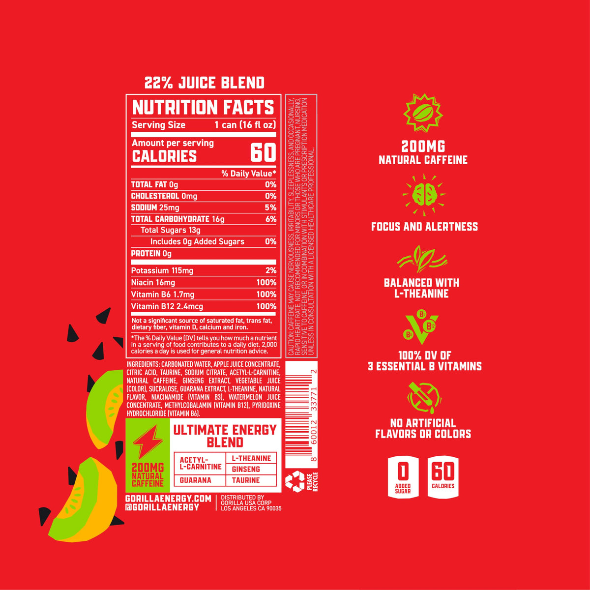 Gorilla Energy Drink Watermelon Melon – 200mg Natural Caffeine, Real Juice, 12 Pack