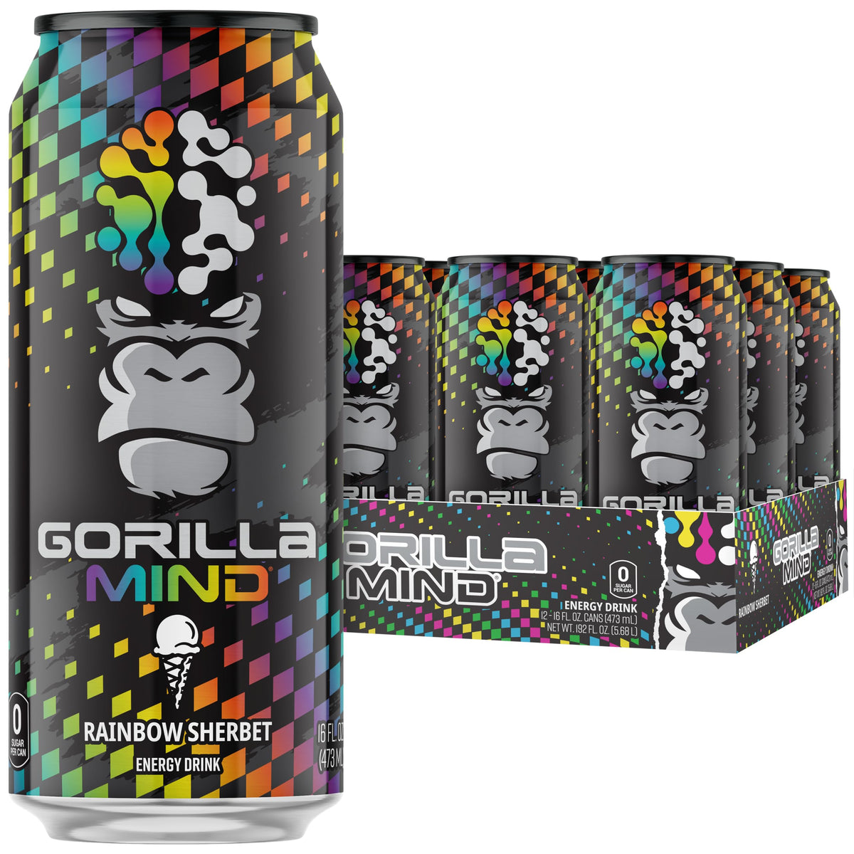 Gorilla Mind Energy Drink – Unmatched Energy & Focus, 0 Sugar, Rainbow Sherbet, 16oz