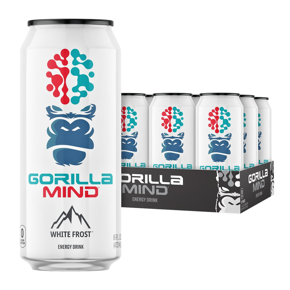 Gorilla Mind Energy Drink | Unmatched Energy & Focus – 16oz Can, 12-Pack (White Frost)