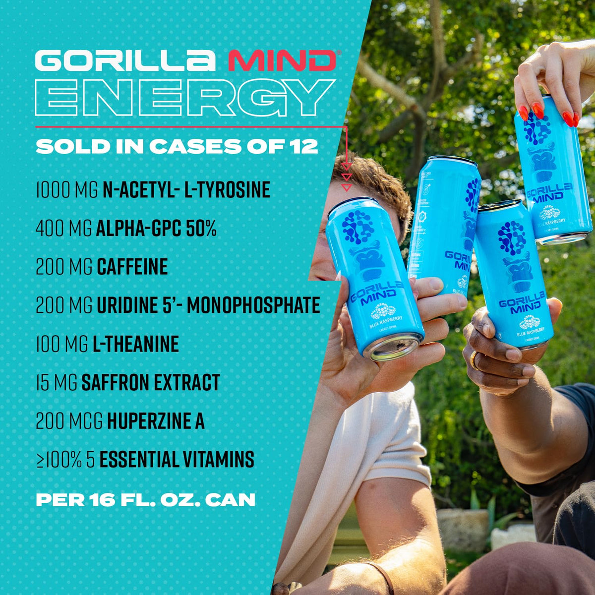 Gorilla Mind Energy Drink – Unmatched Energy & Focus, 0 Sugar, Rainbow Sherbet, 16oz