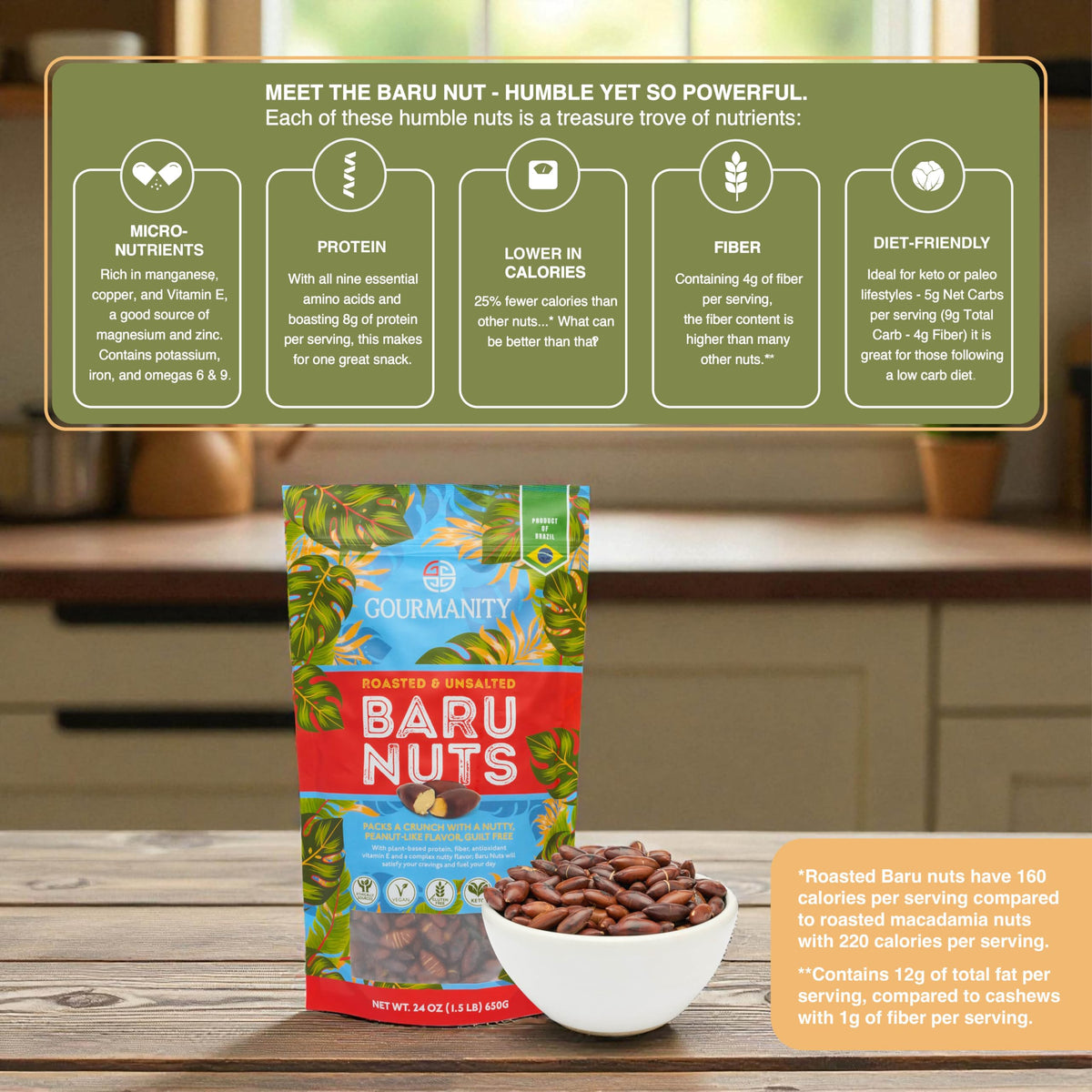 Gourmanity Brazilian Baru Nuts – Roasted & Unsalted, High Protein, Omega 6 & 9
