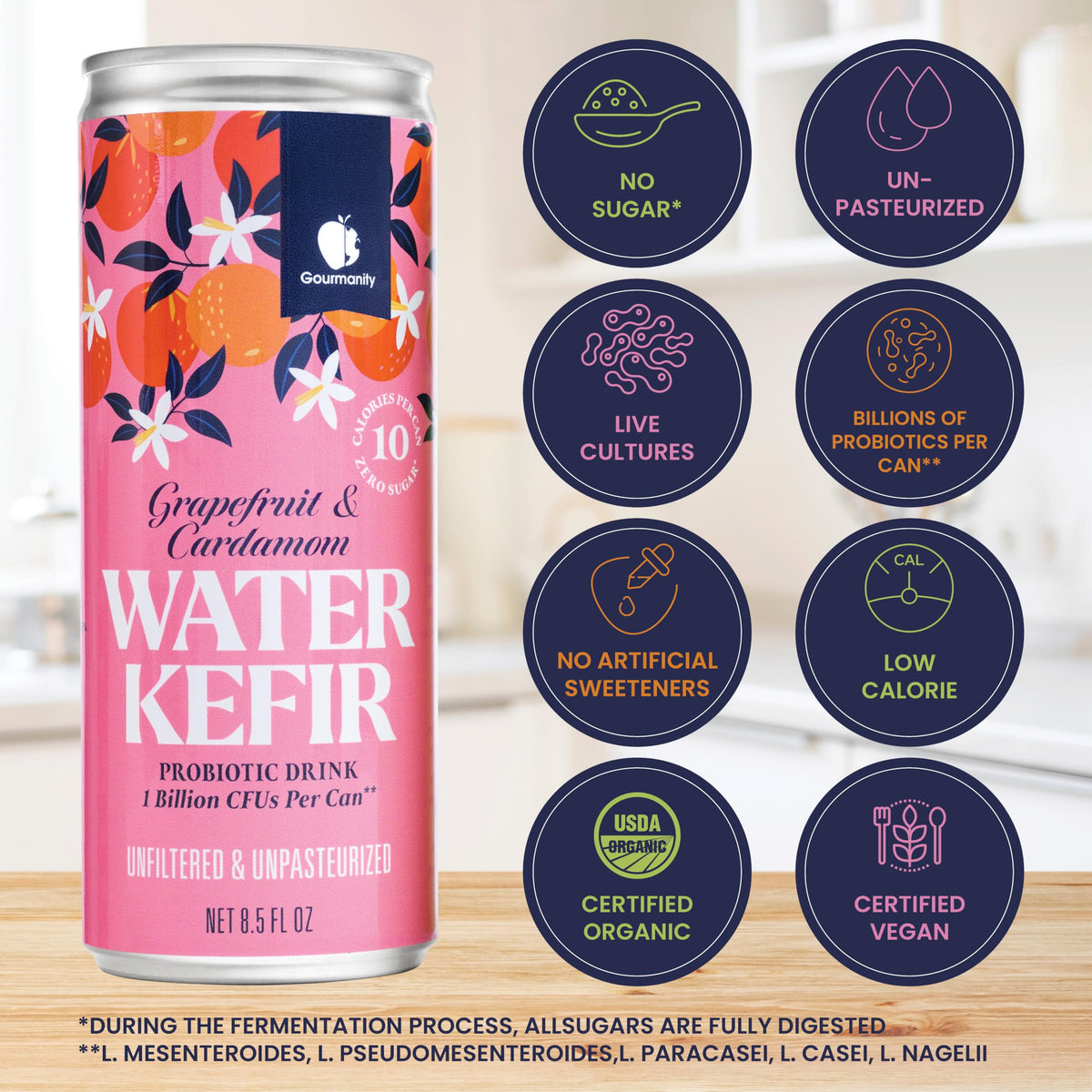 Gourmanity Water Kefir: Zero Sugar Probiotic Drink, Shelf-Stable 6-Pack