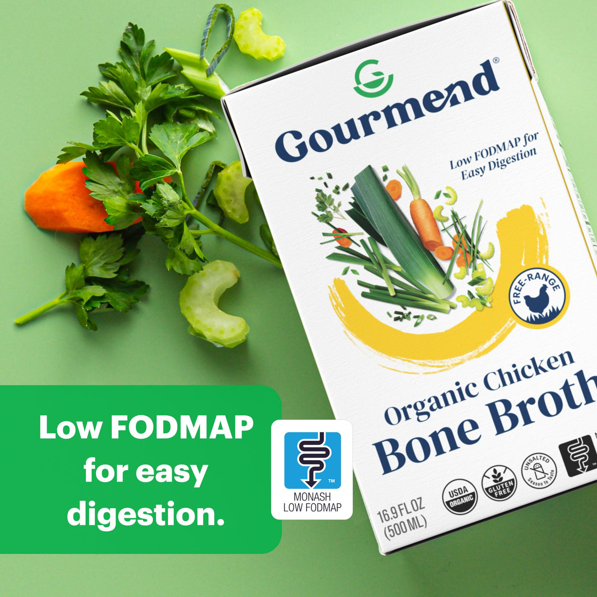 Gourmend Organic Unsalted Chicken Bone Broth – 3-Pack, Low FODMAP Certified, Gluten Free, Onion & Garlic Bulb Free