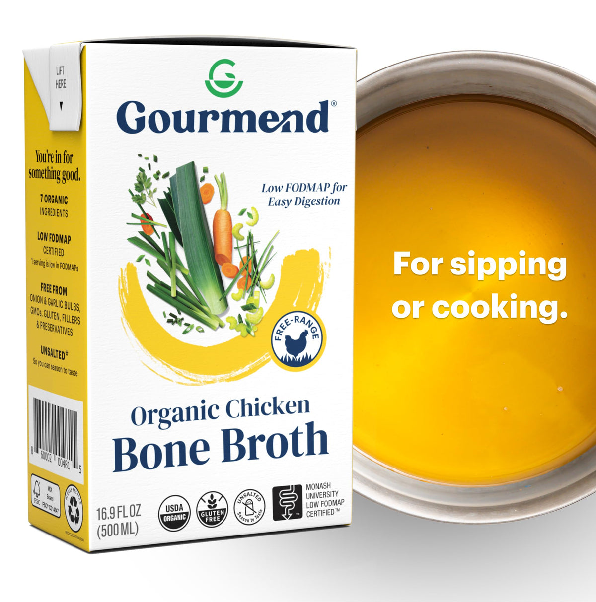 Gourmend Organic Unsalted Chicken Bone Broth – 3-Pack, Low FODMAP Certified, Gluten Free, Onion & Garlic Bulb Free