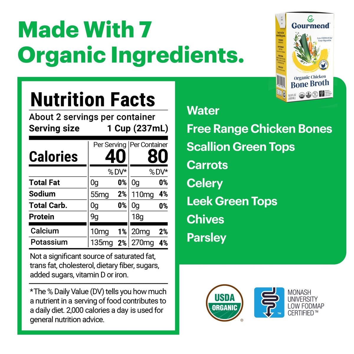 Gourmend Organic Unsalted Chicken Bone Broth – 3-Pack, Low FODMAP Certified, Gluten Free, Onion & Garlic Bulb Free