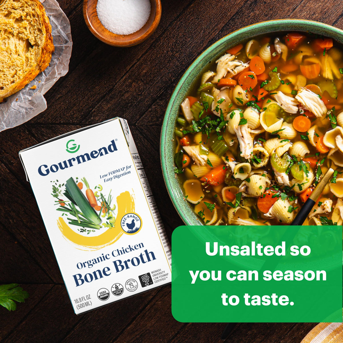 Gourmend Organic Unsalted Chicken Bone Broth – 3-Pack, Low FODMAP Certified, Gluten Free, Onion & Garlic Bulb Free