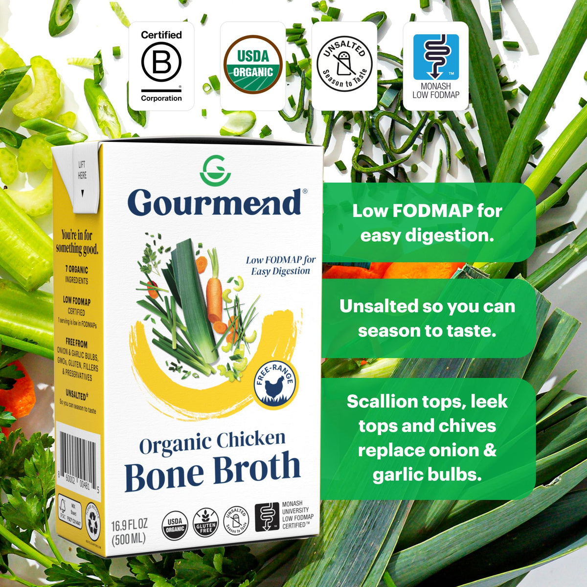 Gourmend Organic Unsalted Chicken Bone Broth – 3-Pack, Low FODMAP Certified, Gluten Free, Onion & Garlic Bulb Free