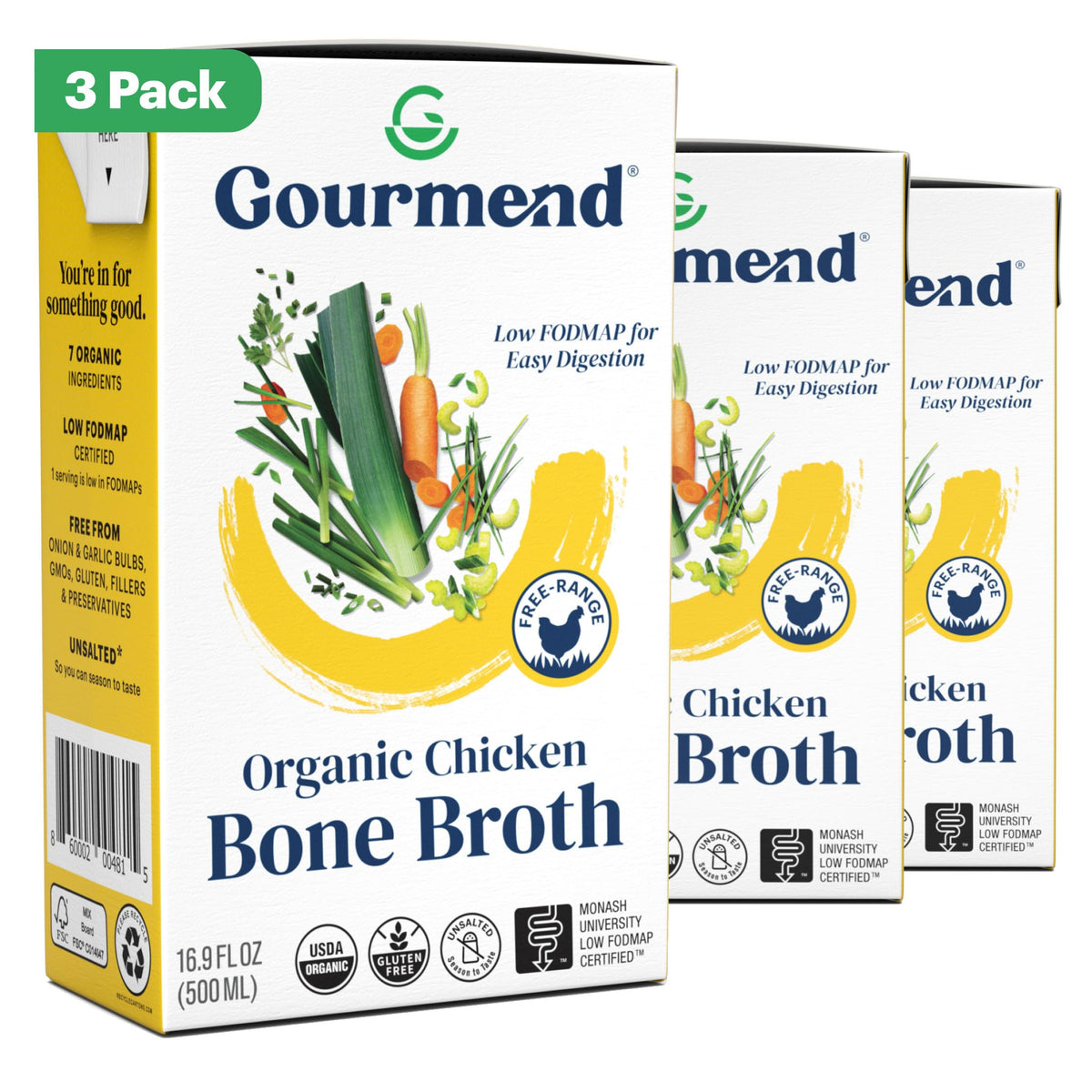 Gourmend Organic Unsalted Chicken Bone Broth – 3-Pack, Low FODMAP Certified, Gluten Free, Onion & Garlic Bulb Free