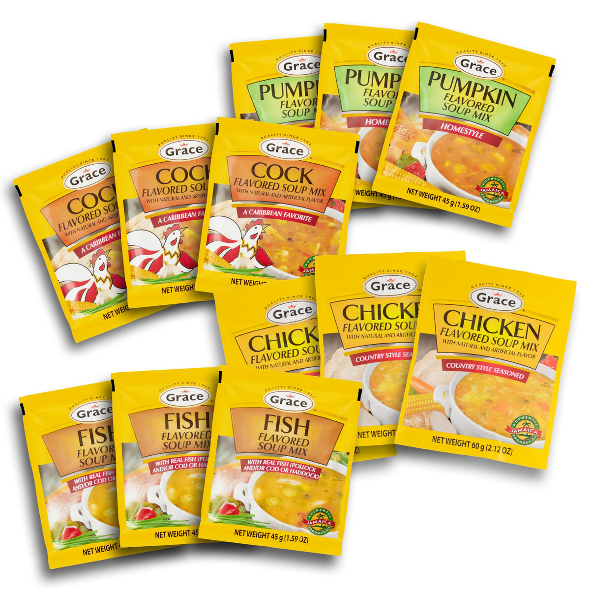 Grace Variety Pack: 12 Flavored Jamaican Soup Mixes — Fish, Cock, Chicken & Pumpkin