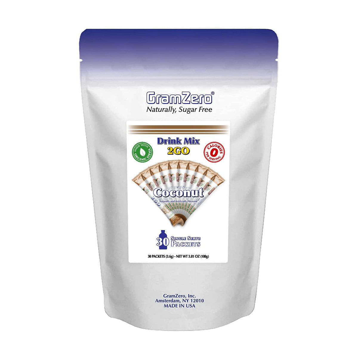GramZero 2GO Sticks – Coconut Zero Calorie Sugar Free Drink Mix with Stevia