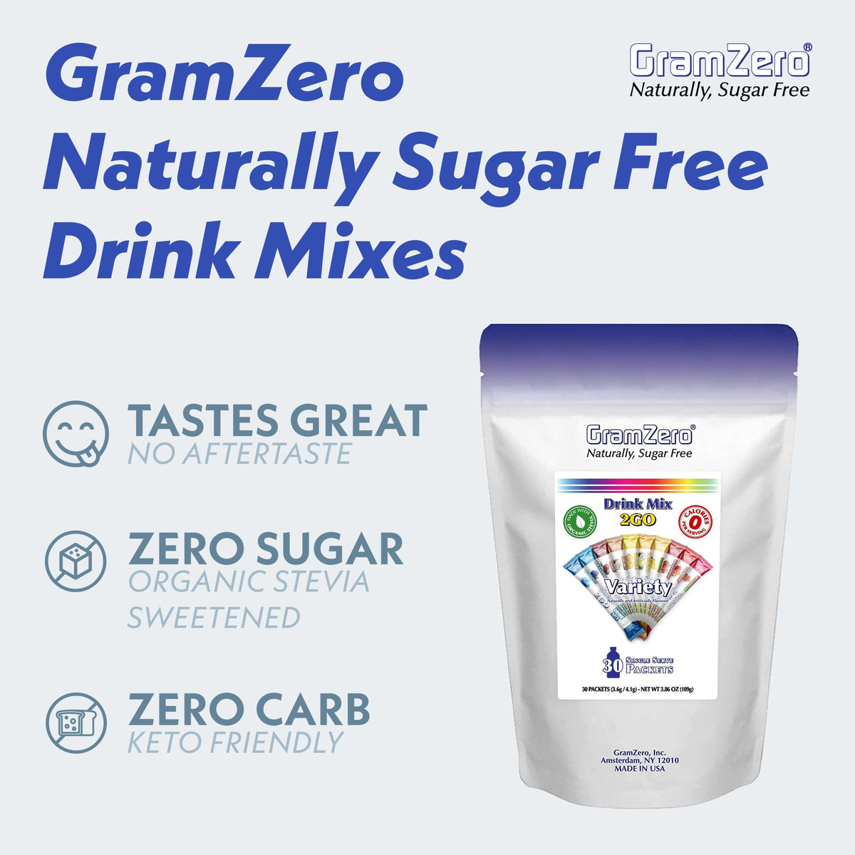 GramZero 2GO Sticks - Variety Pack | Zero Calorie Sugar Free Drink Mix with Organic Stevia | Keto Friendly
