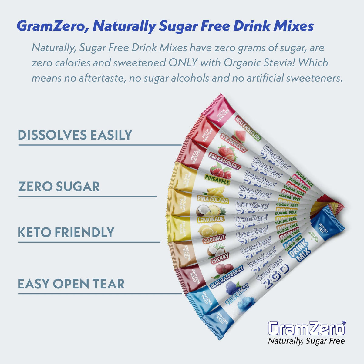 GramZero 2GO Sticks - Variety Pack | Zero Calorie Sugar Free Drink Mix with Organic Stevia | Keto Friendly