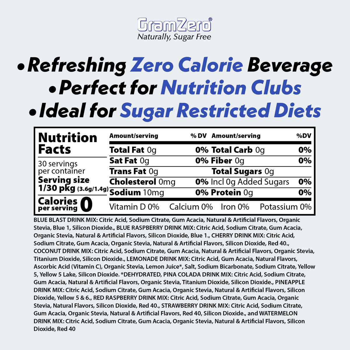 GramZero 2GO Sticks - Variety Pack | Zero Calorie Sugar Free Drink Mix with Organic Stevia | Keto Friendly