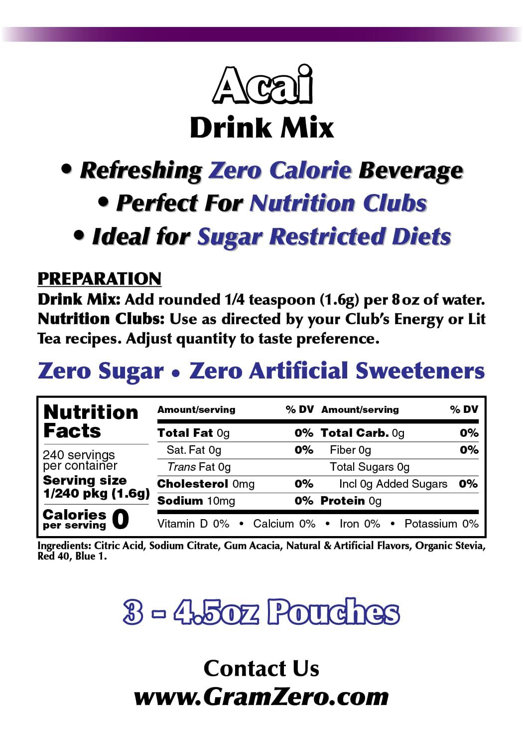 GramZero Acai Zero Calorie Sugar Free Drink Mix – Keto Friendly, Stevia Sweetened