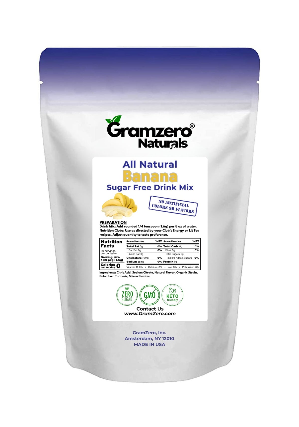 GramZero All Natural Banana Drink Mix — Zero Calorie, Sugar Free, Stevia Sweetened, Keto Friendly
