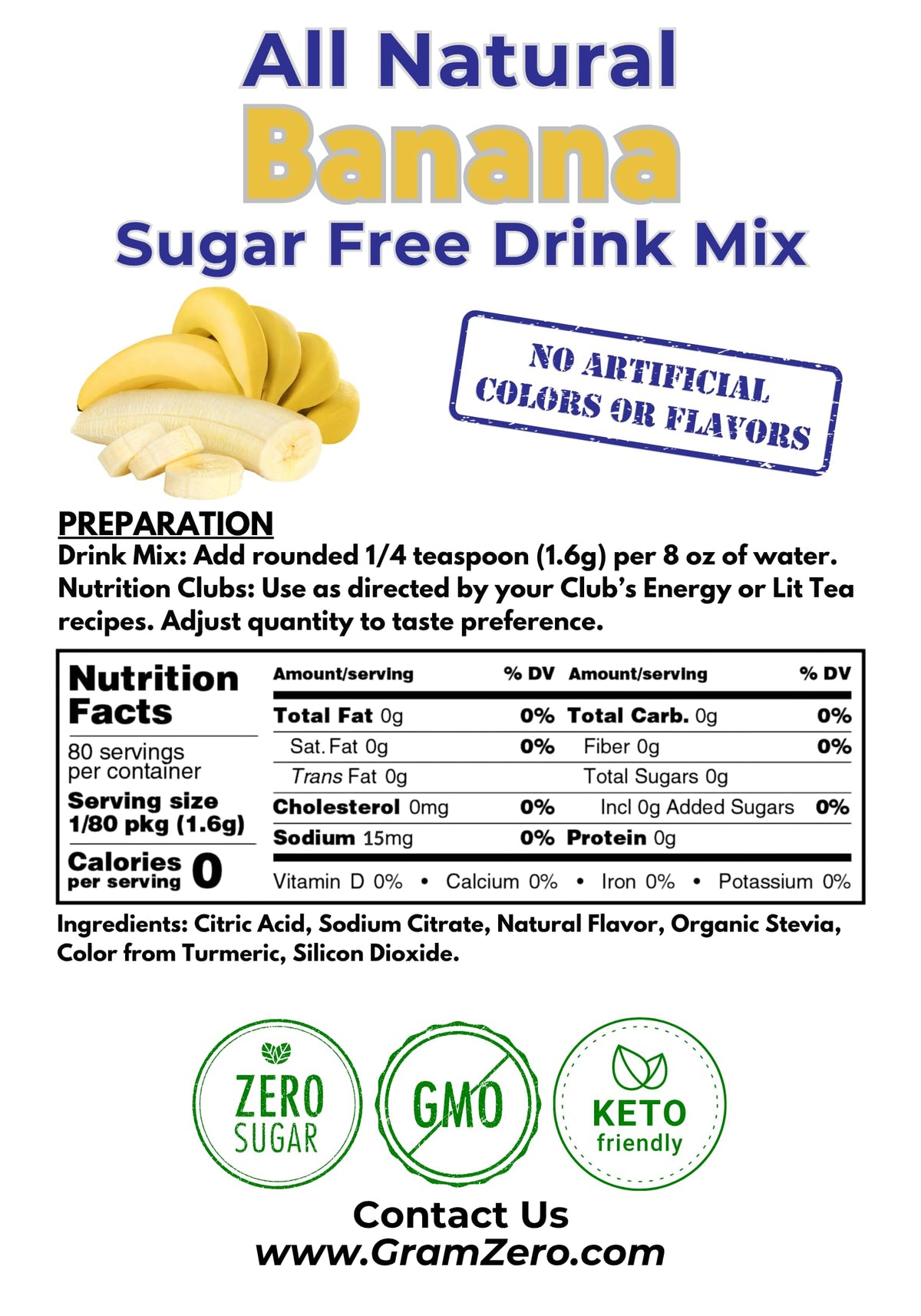 GramZero All Natural Banana Drink Mix — Zero Calorie, Sugar Free, Stevia Sweetened, Keto Friendly