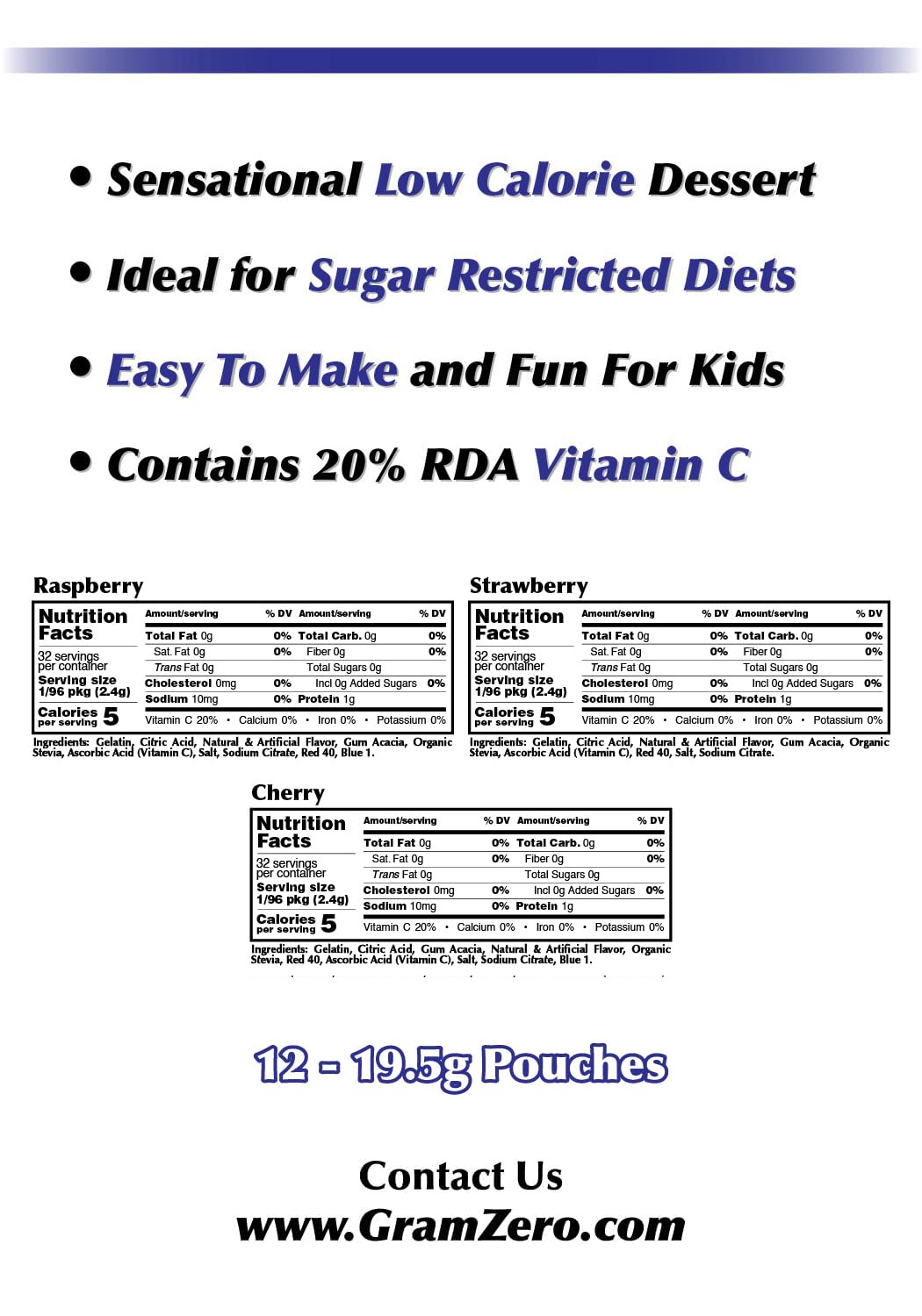 GramZero Berry Variety Sugar Free Gelatin Mix 12-Pack – Zero Carb, Stevia Sweetened