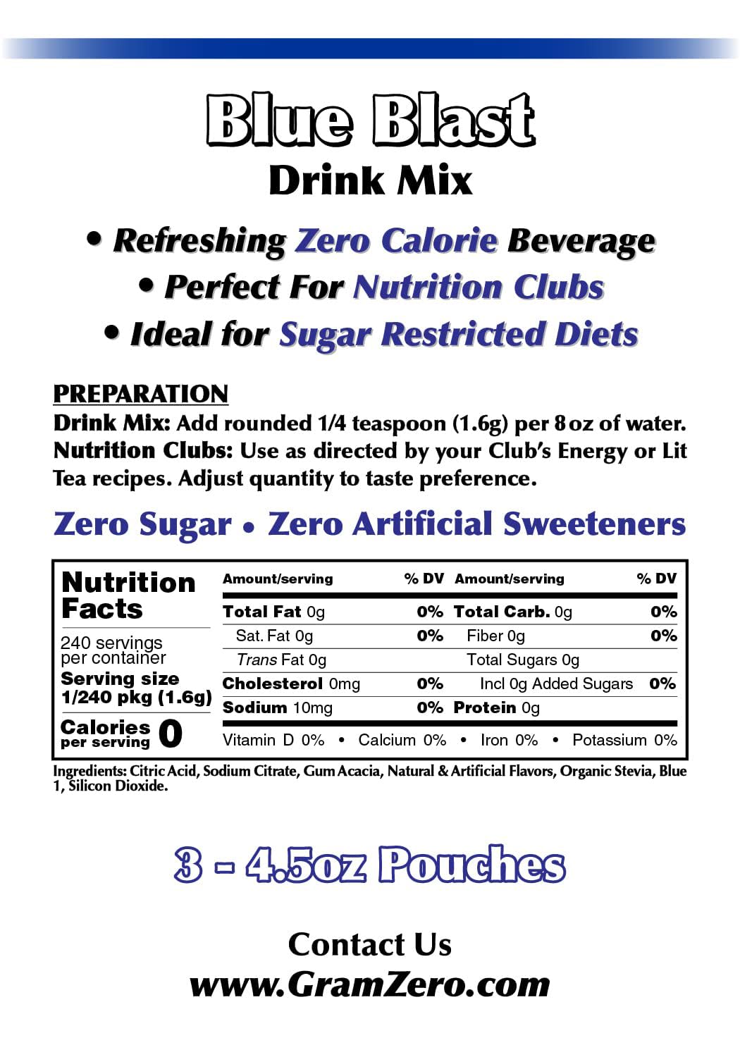 GramZero Blue Blast: Zero Calorie Sugar Free Drink Mix | Keto Friendly & Stevia Sweetened
