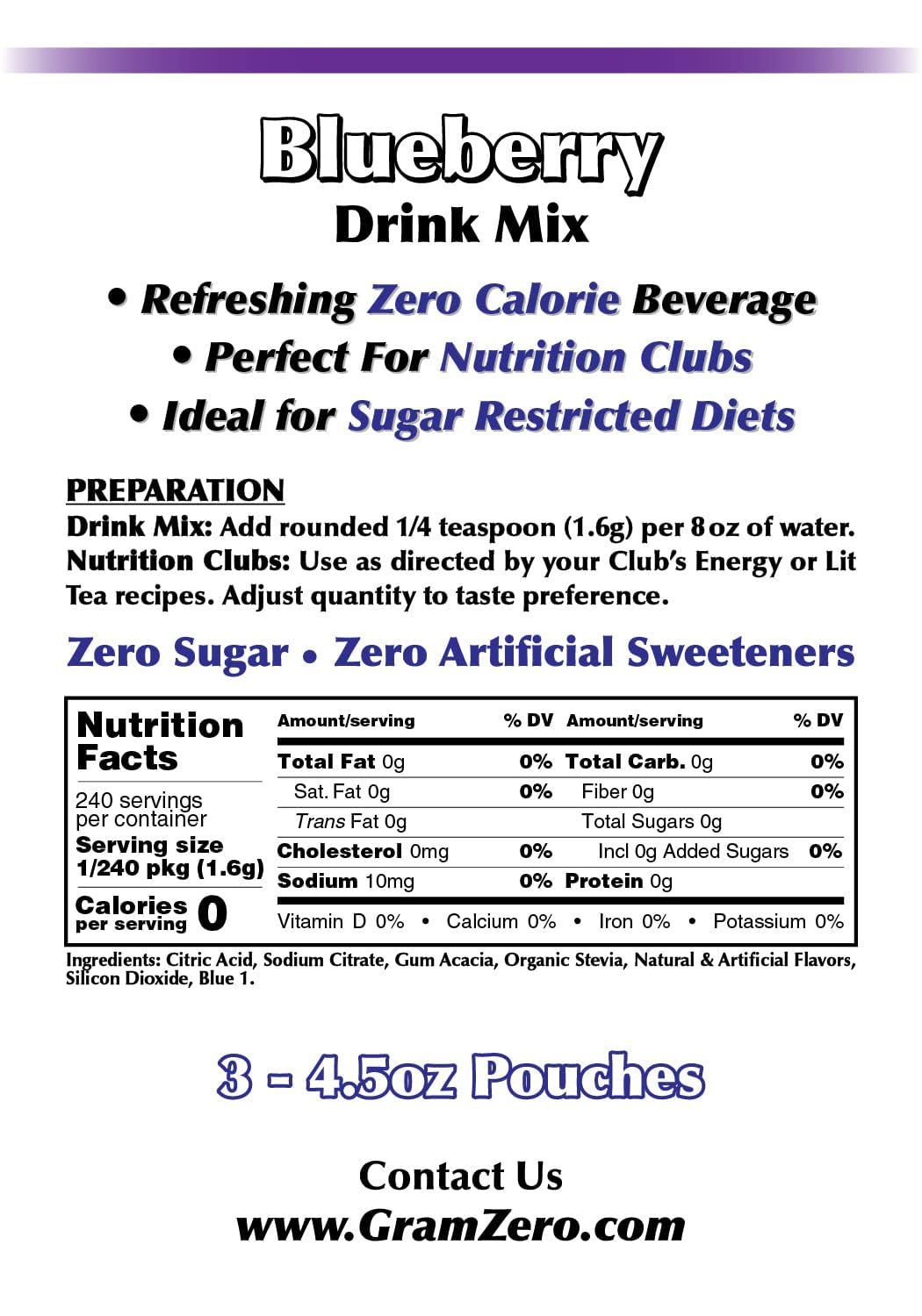 GramZero Blueberry Zero Calorie Sugar Free Drink Mix – Keto Friendly, Stevia Sweetened