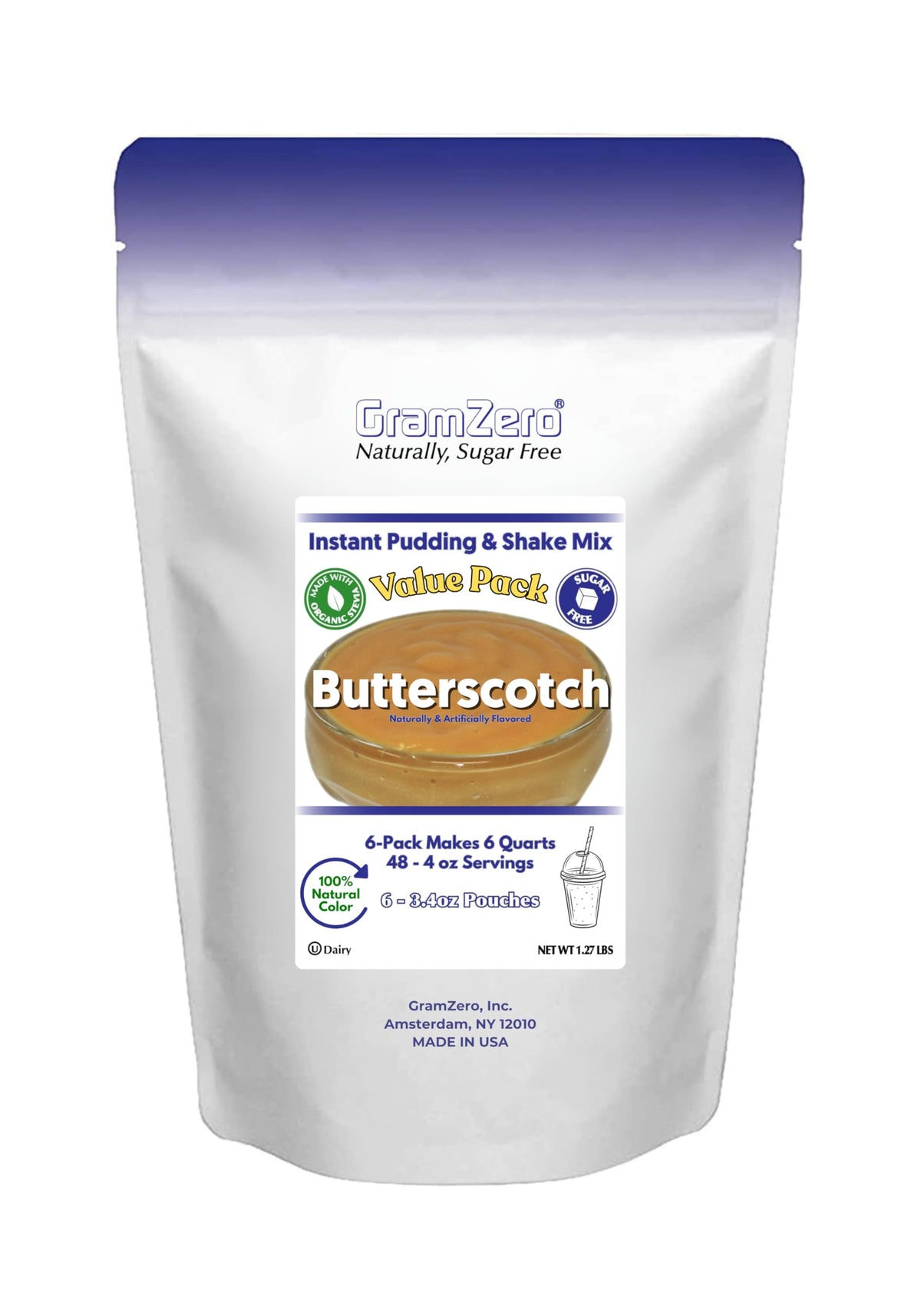 GramZero Butterscotch Sugar-Free Pudding Mix 6-Pack – Low Carb, Stevia-Sweetened