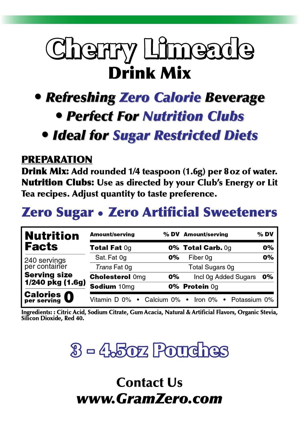 GramZero Cherry Limeade Zero Calorie Drink Mix | Stevia-Sweetened, Keto Friendly